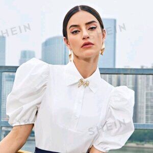 Puff Sleeve Half Button Bow Front Crop Top